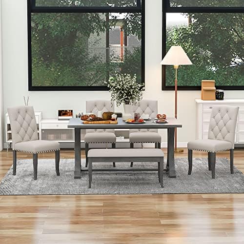 Rustic 6-Piece Dining Table Set with Rectangular Trestle Table and 4 Upholstered Chairs & Bench, Solid Wood Kitchen Dining Table Set for 6, Tufted Buttons Nailhead Decoration (Antique Gray-31) - Image 3