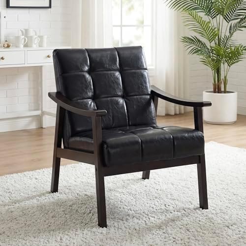 Leather Accent Chair, Mid Century Modern Armchair, Solid Wood Arm Chair, Upholstered Comfy Reading Chair for Living Room, Bedroom, Waiting Room, Black by Unknown