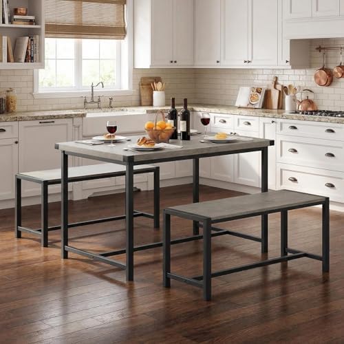 GarveeHome Dining Table Set for 4, Kitchen Table with 2 Metal Wood Benches, Rectangular Room Dining Table Set, 3 Piece Farmhouse Kitchen Table Set for Small Space, Apartment, Studio, Rustic Gray - Image 4