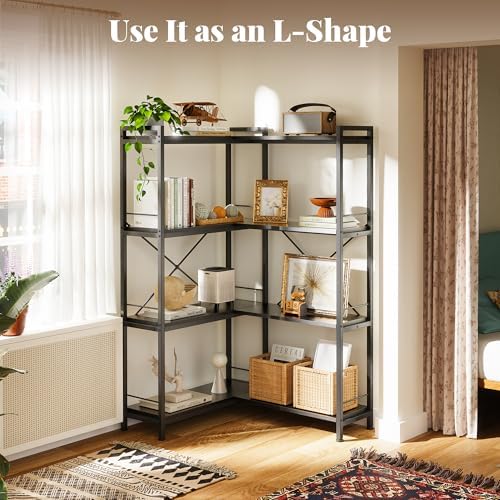 Huuger 4 Tier Bookshelf, L Shaped Corner Bookshelf with 8 Open Shelves, 49.4 Inch Straight Wide Bookcase with Metal Frame and Wooden Board, Adjustable Feet, Black - Image 4