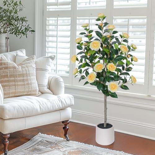 Yepdin 47 inch Artificial Camellia Tree with White Flower Pots - 2 Pack Yellow Tall Fake Plants,4 Ft Artificial Plants Indoor wich Blooming,Faux Plants Indoor for Outdoor Front Home Door - Image 6