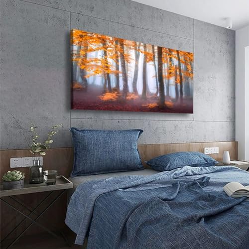 Orange Maple Leaf Tree Canvas Wall Art for Living room Office Bedroom Mist Forest Wall Art Print Paintings Modern Nature Autumn Landscape Pictures Wall Decor Artwork Ready to Hang - 20in * 40inch - Image 7