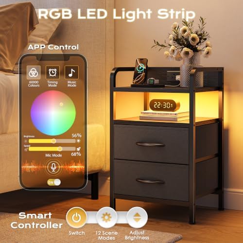 Huuger Nightstands Set of 2, Night Stand with LED Lights, Charging Station - Image 4