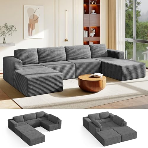 Vesgantti 159" Large Modular Sectional Sofa, U-Shaped Corduroy Cloud Couch with Deep Seats & Spring Support, 4-Seater Boneless Sofa with 2 Movable Ottomans, No Assembly Needed, Grey by Vesgantti