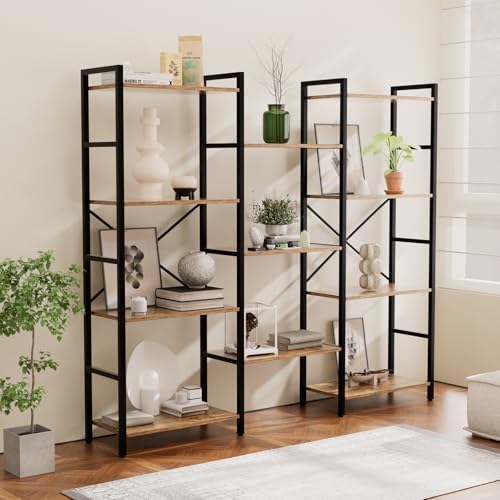 GRUSIGN Triple 4 Tier Book Shelf, Modern Bookcase Shelf, Freestanding Large Display Shelves for Living Room/Office/Garage, Stable Large Bookshelf with Storage for Books/LEGO/Plants, Rustic Brown - Image 2
