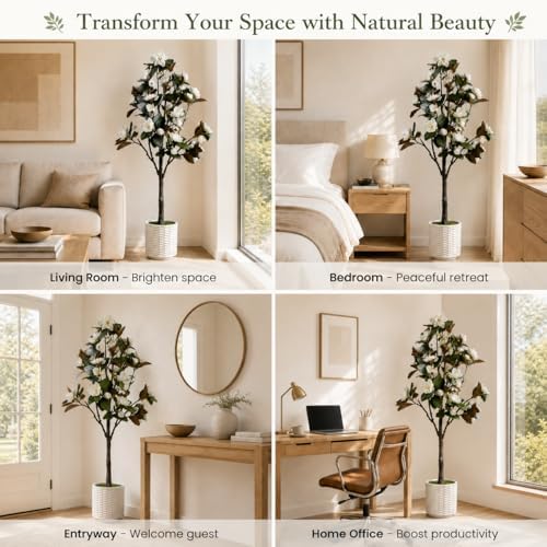 6ft Faux Magnolia Flower Tree Indoor Artificial White Floral Tree with Easy Plug-in Assembly, Realistic Large Fake Greenery Floor Plant for Modern Farmhouse Home Corner Office Decor - Image 6