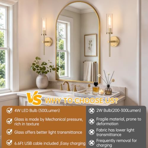 Shenmoyl Battery Operated Wall Sconces Set of 2, Gold Rechargeable Wall Lighting Fixtures, Dimmable Wall Lights with Remote & Clear Glass Shade for Living Room, Bathroom,Bedroom - Image 4