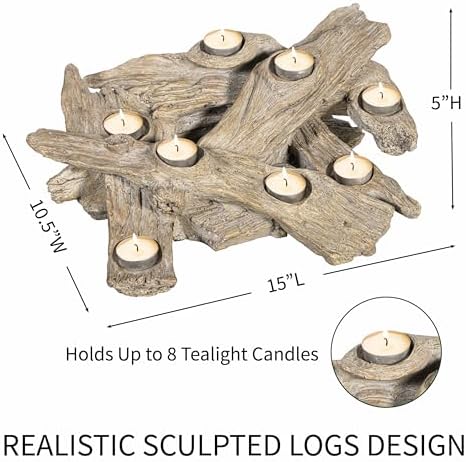 Plow & Hearth Faux Driftwood Fireplace Candle Holder, Resin Log Insert for Fireplace Decor, Holds 8 Fireplace Candles for Inside Fireplace, Coastal Beach Cozy Living Room Fireplace Decorations - Image 2
