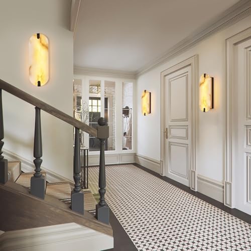 14.17in Alabaster Wall Sconces, Natural Marble Wall Light, Modern LED Alabaster Sconces for Living Room Indoor Wall Lamps for Dining Room Stairs Bedroom,Black - Image 3