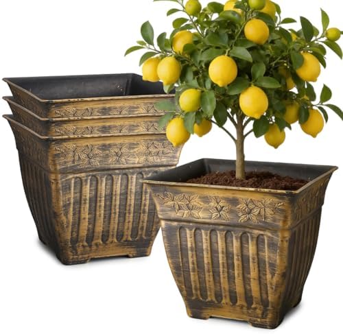 4-Pack 14 Inch Large Square Planters, Embossed Leaf Pattern, Antique Gold by BTPLASTIK