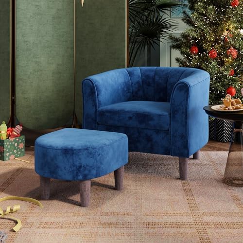 LINSY Accent Chair with Ottoman, Modern Armchair Comfy Barrel Reading Chair with Footrest for Living Room Bedroom Reading Room, Velvet, Blue by Linsy