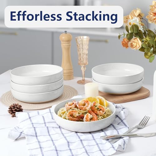 LIANYU Pasta Bowls Set of 4, 33oz Large Stoneware Salad Bowls, Wide and Shallow Serving Pasta Plates for Kitchen, Microwave and Dishwasher Safe, Snowy White - Image 5