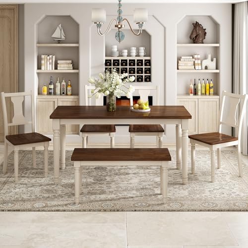 6 Piece Solid Wood Dining Table Set with Bench for 6, Brown+Cottage White - Image 4