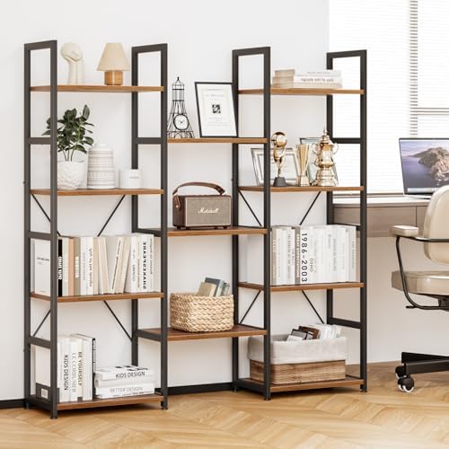NUMENN Triple Column 4 Tier Bookshelf with 11 Adjustable Shelves, Vintage - Image 2