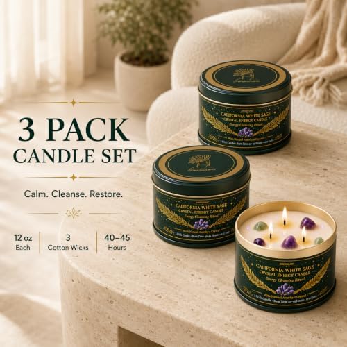 Sage Candle for Cleansing, 3 Pack Scented Candle Jar Candles with Crystals - Image 3