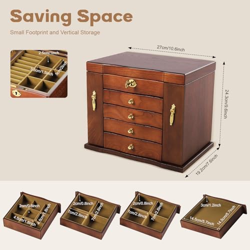 Large Wooden Jewelry Box with Mirror and Lock, 5 Layers Locking Jewelry Organizer, Watches Necklace Ring Storage Box for Women - Image 3