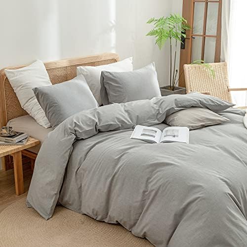 BESTOUCH Cotton Solid Duvet Cover Set Linen Feel Light Grey Super Queen - Image 2