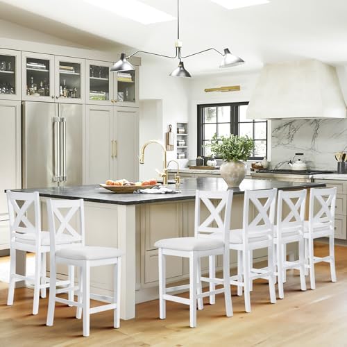 COLAMY Wooden Bar Stools Set of 6, Counter Height Bar Stools, Mid Century Modern Bar Stools with Backs, 25 Inch Upholstered Fabric Wooden Barstools for Kitchen Island Dining Room Bar, Grey White Wash by COLAMYHOME