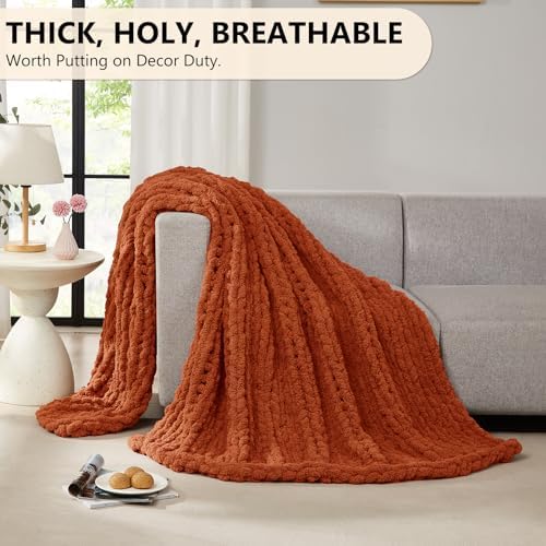 L'AGRATY Chunky Knit Throw Blanket for Couch, 50 x 60 Inches, Rusty Orange - Image 5