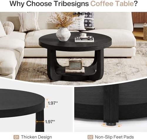 Tribesigns Round Coffee Table, 2-Tier Circle Coffee Table with Storage, Modern Wooden Accent Center Table for Living Room, Thick Tabletop & Base, Black - Image 5