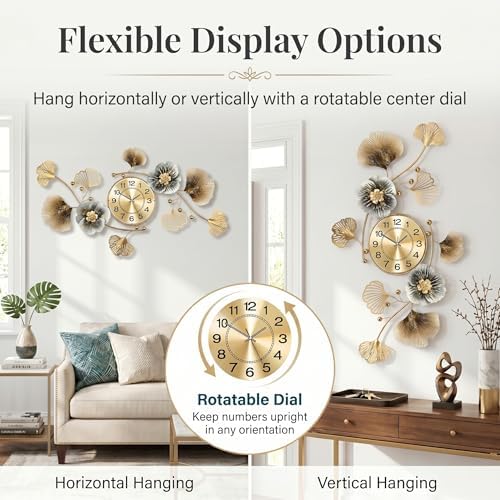 33" 3D Ginkgo Leaf Metal Wall Clock for Home Wall Decor - Image 2