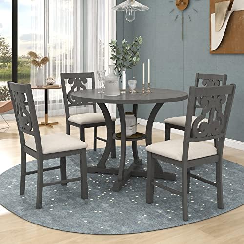 Harper & Bright Designs Retro Style Round Kitchen Dining Table Set for 4, 5 Piece Round Dining Table and 4 Fabric Chairs with Special-Shaped Table Legs and Storage Shelf, Gray - Image 2