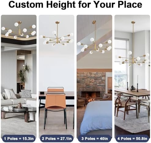 RUIYEY Modern Sputnik Chandeliers Light, 12-Light Gold Gold Dining Room Chandelier Over Table, Height Adjustable Industrial Semi Flush Mount Mid Century Chandelier for Kitchen Island Living Room - Image 3