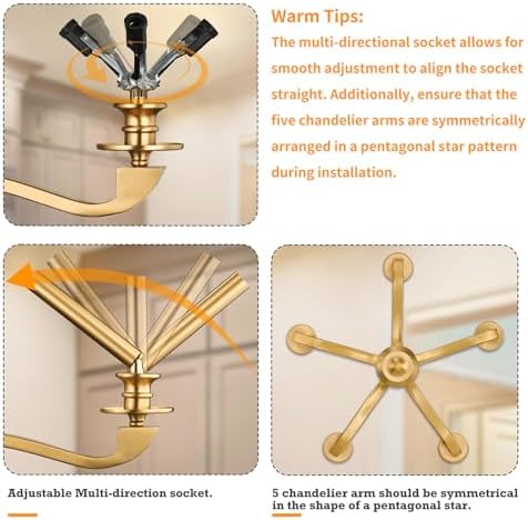 Gold Chandeliers for Dining Room, 25.5 Inch Vintage Gold Chandelier Light Fixture over Table, Farmhouse Candle Chandeliers, 5-Light Brass Chandeliers for Kitchen, Bedroom, Living Room (E12 Base) - Image 5