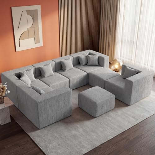 MONVANE Modular Sectional Sofa, Oversized 8 Seat Convertible U Shaped Couch with Ottoman, Comfy Chenille Cloud Couch with Deep Seat, Sectional Couches for Living Room, No Assembly Required, Light Grey - Image 2