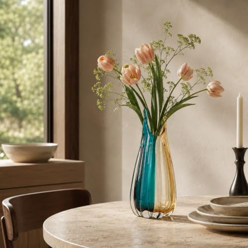 Hand Blown Teal Amber Colorblock Glass Vase, Modern Home Table Centerpiece - Image 6