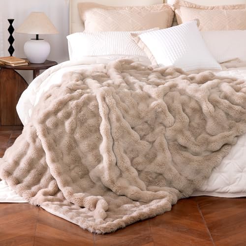 Ultra Soft Cozy Faux Fur Throw Blanket, Fuzzy Plush Thick Bubble Blanket, Oversize Luxury Fluffy Blanket for Couch, Bed, and Living Room, 60x80 Inches, Light Brown by blunique