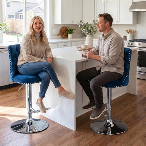 SoarFlash Velvet Bar Stool Set of 2, Adjustable Swivel Bar Stools with Silver Plated Metal Leg, Button Tufted, Footrest, Chrome Nailhead, Counter Height Chair for Kitchen, Bar, Dining Room (Blue) - Image 4