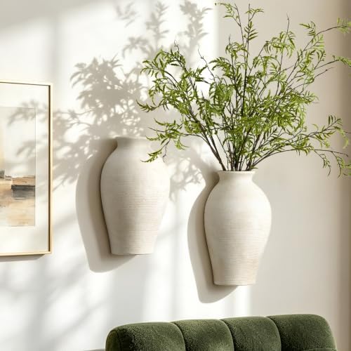 Vanselia 2 Pack Ceramic Wall Vase Home Decor Hanging Planter (11.8" Rustic) - Image 3
