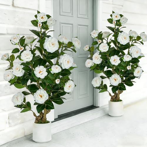 BLOSMON 2 Pack 3.3ft Artificial Camellia Tree for Front Porch Decor, White by Blosmon