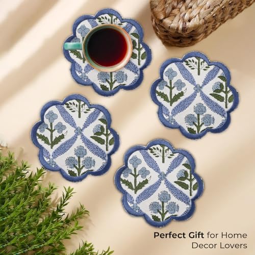 Ridhi 8-Pcs 100% Cotton Hand Block Print Drink Coasters 5" in Steel Blue - Image 5
