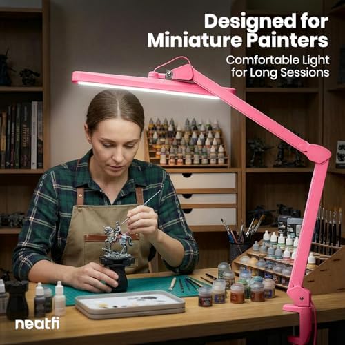 Neatfi XL 2,500 Lumens 30W LED Task Lamp for Manicure Table, Crafts, Workbench, Office – 22” Wide Shade Desk Light | Eye-Caring 6500K | 4-Level Brightness (Pink, Non-CCT with Clamp) - Image 2