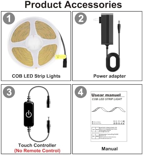 Pandery COB LED Strip,LED Strip Lights 3M/9.84ft,Touch Dimmable LED Strips,CRI90+,6000K Cool White cob led,1600LEDs,24V LED Tape Lights,Indoor for Bedroom, Kitchen, TV, Mirror,Cabinet - Image 2