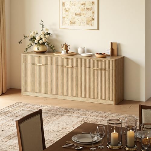 Evermagin 67" Fluted Oak Sideboard Buffet Cabinet with 3 Drawers - Image 4