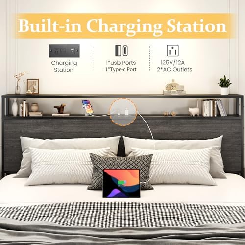 Lifezone King Bed Frame with 2-Tier Storage Headboard, Metal Platform Bed Frame with 4 Storage Drawers, Built in Charging Station & LED, Noise-Free/Metal Support/No Box Spring Needed, Rustic Grey - Image 6