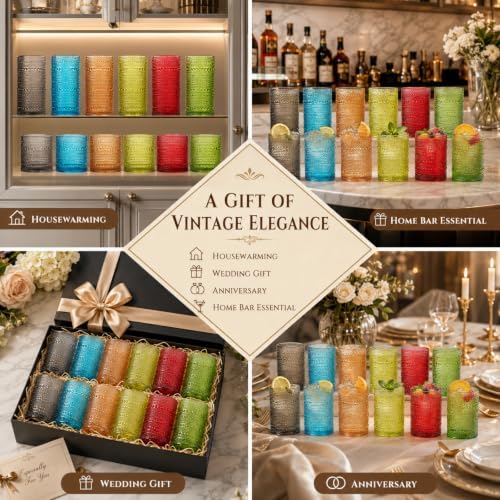 Khen Hobnail Beaded Highball Drinking Tumbler Glasses | Set of 12 | Autumn Colors Vintage Bubble Design Whiskey Glassware, Old-Fashioned, Embossed Design Water, Wine, Cocktail Rocks Glasses - Image 4