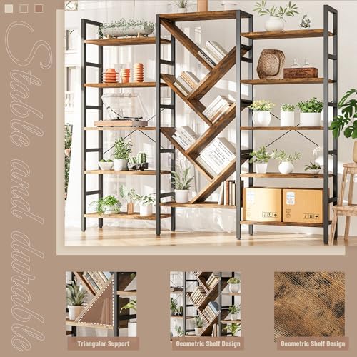 INNOD 70x70 Triple 5 Tier Book Shelf, Large Wooden Bookcase with 17 Open Display Shelf, Modern Tree Bookshelf Metal Frame Tall Book Case Furniture for Living Room Bedroom Home Office Rustic Brown - Image 5