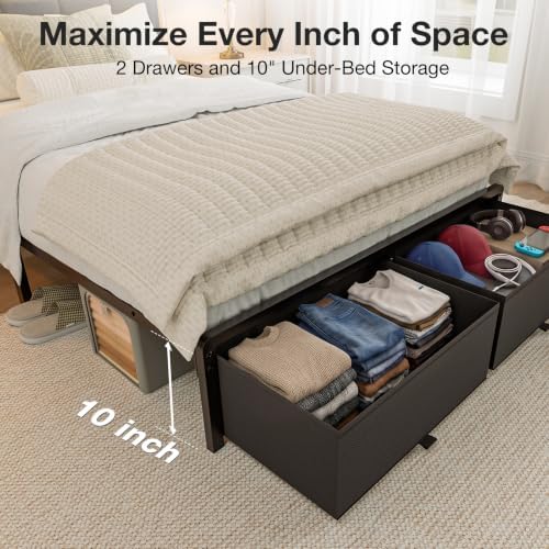 Twin Bed Frame with 2 Storage Drawers, Grey Upholstered - Image 5