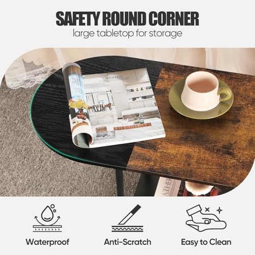 Coffee Tables for Living Room,Mid Century Small Oval Center Table with 2-Tier Storage Shelf and Wood Tabletop,Farmhouse Narrow Cocktail Tea Table for Small Space,Apartment,Black Brown - Image 3