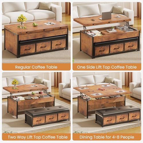 Itaar Lift Top Coffee Table Set, 43'' Multi-Function Coffee Table with Storage Drawers and Hidden Compartment, Center Table with Ottoman Bench for Living Room, Rustic Brown - Image 3
