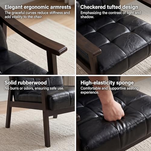 Leather Accent Chair, Mid Century Modern Armchair, Solid Wood Arm Chair, Upholstered Comfy Reading Chair for Living Room, Bedroom, Waiting Room, Black - Image 4