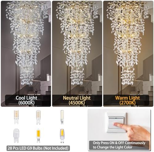 118'' Long Chandelier for High Ceiling, 28-Light Luxury Gold Tree Branch Crystal Chandelier, Large Chandeliers for High Ceilings Staircase Foyer Entryway, 5-Tier Modern K9 Crystal Raindrop Fixture - Image 5