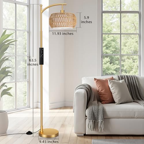 Ambimall Arc Floor Lamp with Remote & Rattan Double Shades, Gold Bohemian - Image 4