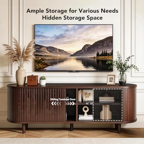 MXV 58" TV Stand with Sliding Doors for Living Room, Mid Century Modern Entertainment Center, TV Console with Fluted Door Cabinets and Power Outlet, Walnut - Image 5