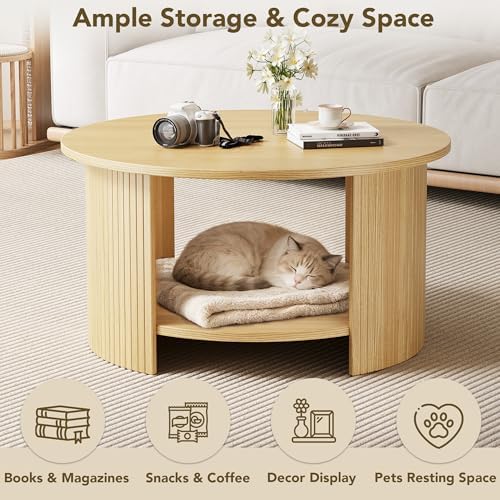 Round Coffee Table with Storage, 31.5" Modern Fluted Center Table, 2-Tier Mid Century Coffee Table, Wood Circle Table for Living Room, Home Office, Small Space, Oak - Image 3