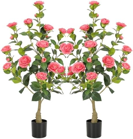 Nafresh 3FT Lush Artificial Pink Camellia Tree Outdoor 2 Pack, 36inch Faux Camellia Plant, Fake Camellia Flowers Tree for Indoor Outdoor Living Room Home Patio Front Door Garden Decor by Nafresh